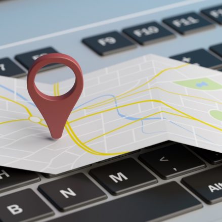 Online maps, gps navigation concept. Map pointer location on a computer laptop. 3d illustration